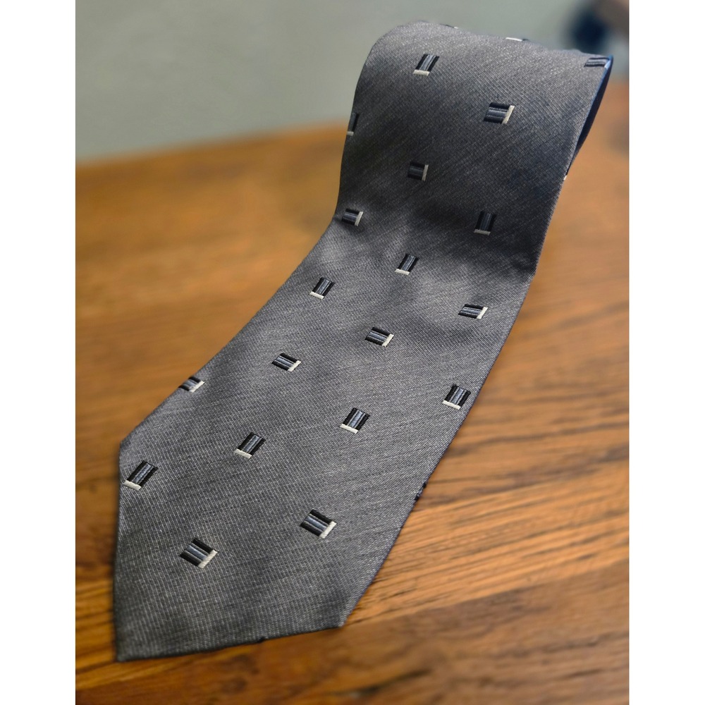 Geoffrey Beene Mens Silk Necktie Charcoal Gray Geometric Rectangle Tie 59" x 4"